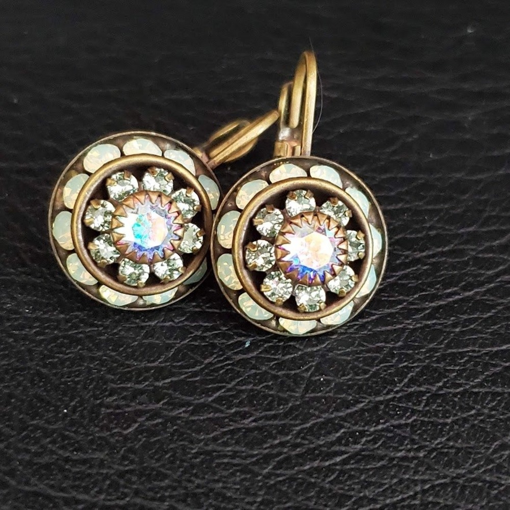 Liz Palacios Antique Gold Tone AB Crystal Leverback Earrings Halo Cluster